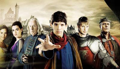 Angel Coulby as Gwen, Katie McGrath as Morgana, Richard Wilson as Gaius, Colin Morgan as Merlin, Bradley James as Arthur, and Anthony Head as Uther in the 'Merlin' Key Art