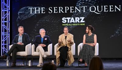Justin Haythe, Erwin Stoff, Samantha Morton, and Minnie Driver attend STARZ Networks ‘Serpent Queen’ Panel
