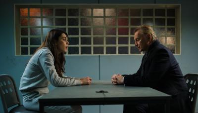 Picture shows: Ellie Sutherland (Holly Cattle) and her father Robert Sutherland (Robert Carlyle) talk in a police interview room.