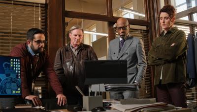 George Bukhari as DC Darren Lakhan, Adrian Dunbar as Ex-DI Alex Ridley, Terence Maynard as DCI Paul Goodwin, and Bronagh Waugh as DI Carol Farman in 'Ridley' Season 2