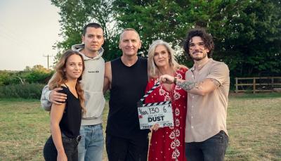 Molly Windsor, Asa Butterfield, Christopher Eccleston, Siobhan Finneran, and Fra Fee pose for the start of filming 'Out of the Dust'