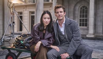 Luke Thompson and Yerin Ha as new couple Benedict and Sophie behind-the-scenes of 'Bridgerton' Season 4