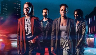 Picture shows: DS Sarah Collins (Gemma Whelan), DI Kieran Shaw (Emmett J. Scanlan), DC Lizzie Adama (Tahirah Sharif), and DC Steve Bradshaw (Jimmy Akingbola) stand against a montage of police car lights, a street and a tower in the background