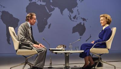 Steve Coogan as Brian Walden and Harriet Walter as Margaret Thatcher in 'Brian & Margaret'