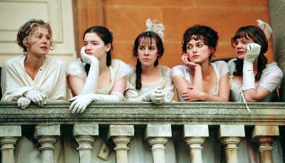 Rosamund Pike as Jane Bennet, Talulah Riley as Mary Bennet, Jena Malone as Lydia Bennet, Keira Knightley as Elizabeth Bennet, and Carey Mulligan as Kitty Bennet in 'Pride & Prejudice' 