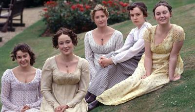 Julia Sawalha as Lydia Bennet, Jennifer Ehle as Elizabeth Bennet, Susannah Harker as Jane Bennet, Lucy Briers as Mary Bennet, and Polly Maberly as Kitty Bennet in 'Pride & Prejudice'