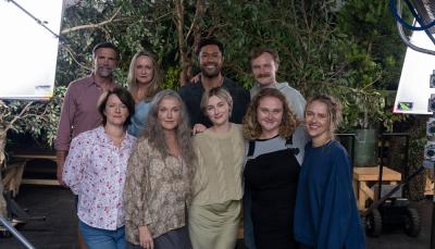 Teresa Palmer, Miranda Richardson, Danielle Macdonald, Helen Thomson, Susan Prior, Claude Scott-Mitchell, Charlie Garber, Uli Latukefu, and Jeremy Lindsay Taylor on set for 'The Last Anniversary'