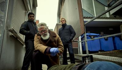 Azan Ahmed as Eddie, Darrell D'Silva as Hendrik, and Marc Warren as Piet Vand der Valk in 'Van der Valk' Season 4