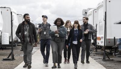 Himesh Patel, Isaac Powell, Lolly Adefope, Jessica Hynes, Aya Cash, and Daniel Bruhl in 'The Franchise'