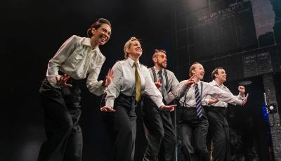 Claire-Marie Hall, Zoë Roberts, David Cumming, Natasha Hodgson and Jak Malone in the West End production of "Operation Mincemeat"