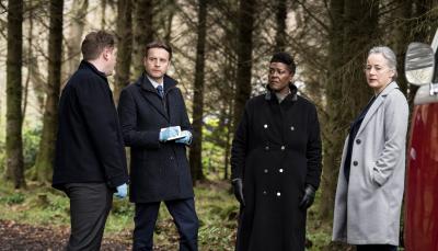 Josh Bolt as DI Archie Dent, Andrew Gower as DS Chet Harper, Sharon D Clarke as DCI Ellis and Amanda Drew as DCI Val Cotton in 'Inspector Ellis' Season 1