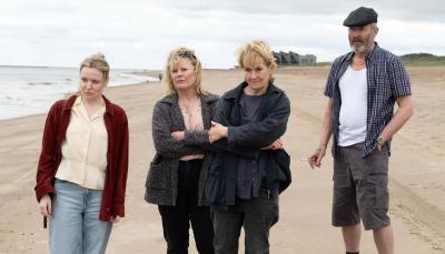 Christine Bottomley as Rachel Crossley, Monica Dolan as Ann Branson, Lorraine Ashbourne as Daphne Sparrow, and Stephen Dillane as Roy Branson in 'Sherwood' Season 2