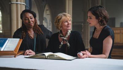 Jo Martin as Suzie Harris, Samantha Bond as Judith Potts, and Cara Horgan as Becks Starling in 'The Marlow Murder Club' Season 1