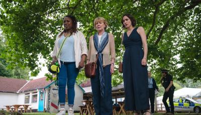 Jo Martin as Suzie Harris, Samantha Bond as Judith Potts, and Cara Horgan as Becks Starling in 'The Marlow Murder Club' Season 1