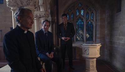 Picture shows: Fr. John Betterton (Anton Lesser), Adam Dalgliesh (Bertie Carvel) and Alistair Brammer (Daniel Tarrant) in the church.