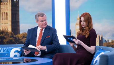 Hugh Bonneville and Karen Gillan in "Douglas Is Cancelled"