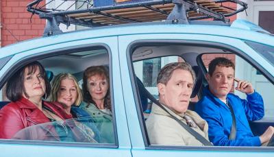 Ruth Jones as Nessa, Joanna Page as Stacey, Melanie Walters as Gwen, Rob Brydon as Bryn, and Mathew Horne as Gavin in 'Gavin & Stacey: The Finale'