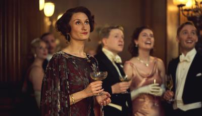Bessie Carter as Nancy Mitford, Will Attenborough as Joss, Isobel Jesper Jones as Pam Mitford, Toby Regbo as Tom Mitford in 'Outrageous'