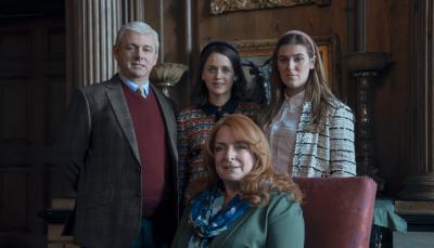 Michael Sheen, Claire Rushbrook, Sofia Oxenham, Honor Swinton Byrne as the Duke and Duchess of York and Princesses Eugenie and Beatrice in "A Very Royal Scandal" 