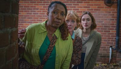 Jo Martin as Suzie Harris, Samantha Bond as Judith Potts, and Cara Horgan as Becks Starling in 'The Marlow Murder Club' Season 2