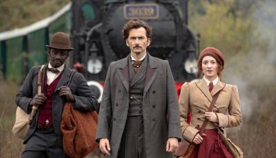 David Tennant as Phileas Fogg, Leonie Benesch as Abigail Fix, and Ibrahim Koma as Passepartout in 'Around The World In 80 Days'