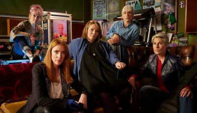 Rosalie Craig as Kitty Eckersley, Lorraine Ashbourne as Jess Burchill, Joanna Scanlan as Beth Thornton, Amelia Bullmore as Yvonne Vaux, and Tamsin Greig as Holly Gaskell in 'Riot Women''