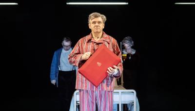 Michael Sheen, Roger Evans and Sharon Small in "Nye" at the National Theatre