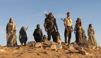 Daniel Henney as al’Lan Mandragoran, Josha Stradowski as Rand al’Thor, and Rosamund Pike as Moiraine Damodred in 'The Wheel of Time' Season 3
