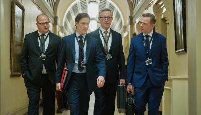 Gavin Spokes as Head of MI6 Alex Sheldon, Ed Stoppard as Foreign Secretary Richard Marston, Alex Jennings as Director of GCHQ David Neal and Simon Pegg as Director of Operations at GCHQ Danny Patrick in 'The Undeclared War' Season 2. 