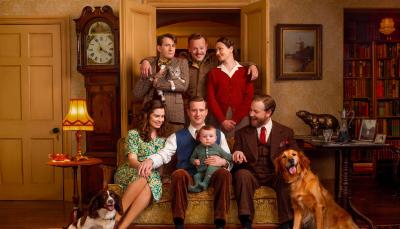 James Anthony-Rose as Richard Carmody, Callum Woodhouse as Tristan Farnon, Anna Madeley as Audrey Hall, Rachel Shenton as  Helen Herriot, Nicholas Ralph as James Herriot, and Samuel West as Siegfried Farnon in 'All Creatures Great & Small' Season 5