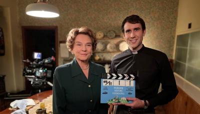 Matthew Lewis and Amanda Redman on the set of "Murder Before Evensong"