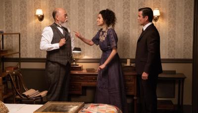 Paul Sun-Hyung Lee as Inspector Albert Choi, Rebecca Liddiard as Tippy Longfellow, and Yannick Bisson as William Murdoch in 'Murdoch Mysteries' Season 18