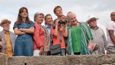 Zahra Ahmadi as Esther Williams, Barbara Flynn as Anne Lloyd, Sally Bretton as Martha Lloyd, Bella Rei Blue Stevenson as Rosie, Kris Marshall as Humphrey Goodman, and Felicity Montagu as Margo Martins in 'Beyond Paradise' Season 3