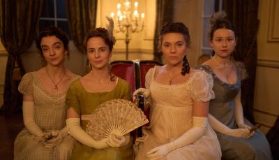 Patsy Ferran as Jane Austen, Synnøve Karlsen as Cassy Austen, Mirren Mack as Dinah, and Liv Hill as Mary Austen in 'Miss Austen'