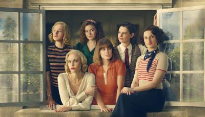 Shannon Watson as Unity Mitford, Joanna Vanderham as Diana Mitford, Orla Hill as Deborah Mitford, Zoe Brough as Jessica Mitford, Isobel Jesper Jones as Pamela Mitford, and Bessie Carter as Nancy Mitford in 'Outrageous'