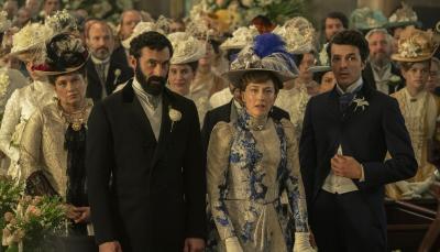 Morgan Spector, Carrie Coon, and Harry Richardson as the Russell Family in 'The Gilded Age' Season 3
