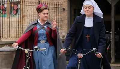 Megan Cusak as Nurse Nancy and Ella Bruccoleri as Sister Frances in 'Call The Midwife' Season 10
