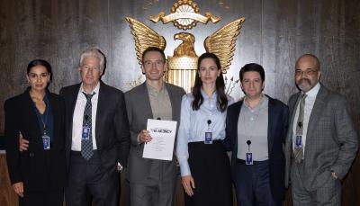 Ambreen Razia, Richard Gere, Michael Fassbender, Katherine Waterston, John Magaro, and Jeffrey Wright pose for 'The Agency: Central Intelligence' Season 2's start of production.