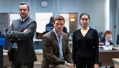Daniel Mays as DCI Brian Nies, Leo Suter as DI Tommy Lynley, and Sofia Barclay as DS Barbara Havers in 'Lynley'