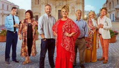 Picture shows: the cast of Madame Blanc, Season 4 in a sunny Mediterranean town square: Andre Caron (Alex Gaumond), Gloria Beauvillier (Sue Vincent), Dom Hayes (Steve Edge), Jean White (Sally Lindsay), Patrick (Tony Robinson), Judith Lloyd-James (Sue Holderness), Robin Askwith (Jeremy Lloyd-James)