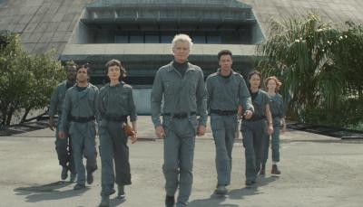 Jonathan Ajayi as Smee, Adarsh Gourav as Slightly, Sydney Chandler as Wendy, Timothy Olyphant as Kirsh, Kit Young as Tootles, Erana James as Curly, Lily Newmark as Nibs in 'Alien: Earth'