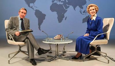 Steve Coogan as Brian Walden and Harriet Walter as Margaret Thatcher in 'Brian & Maggie'