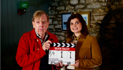Timothy Spall and Gwyneth Keyworth with the 'Death Valley' Season 2 clapper to mark the start of production