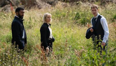 Zach Wyatt as Phil Parhatka, Lauren Lyle as Karen Pirie, Chris Jenks as Jason Murray in 'Karen Pirie' Season 2