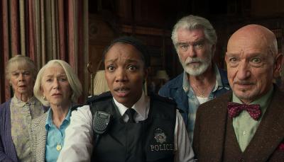 Celia Imrie, Helen Mirren, Naomi Ackie, Pierce Brosnan, and Ben Kingsley in 'The Thursday Murder Club'