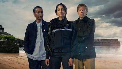 Adjoh Andoh, Anjli Mohindra, and Marc Warren in 'The Red King' Key Art