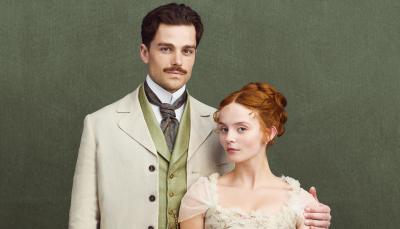 Millie Gibson as Irene Heron and Joshua Orpin as Soames Forsyte in. 'The Forsytes' Season 1