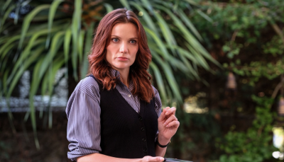 Picture shows Anna Samson as DI Mackenzie Clarke with background of leaves.