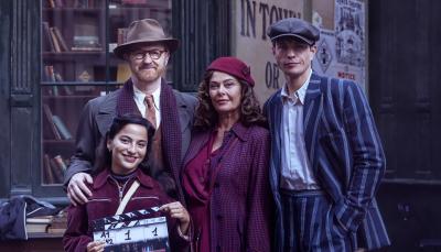 Buket Kömür, Mark Gatiss, Polly Walker, and Connor Finch on thre set of 'Bookish' Season 2