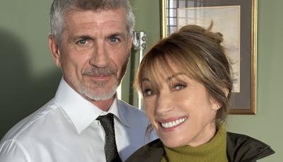Joe Lando and Jane Seymour on the set of 'Harry Wild' Season 5